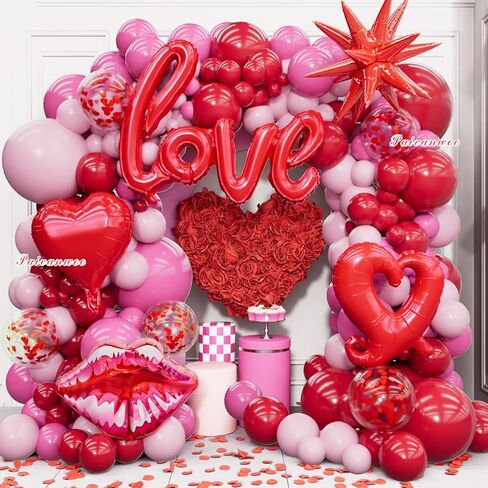 363PCS Valentines Day Balloon Arch Kit with 200 Rose Petals, Heart, Lips, Love and Star Foil Balloons, Pink and Red Balloon Arch Kit for Valentines Day Party Decorations in Saudi Arabia