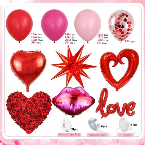363PCS Valentines Day Balloon Arch Kit with 200 Rose Petals, Heart, Lips, Love and Star Foil Balloons, Pink and Red Balloon Arch Kit for Valentines Day Party Decorations in Saudi Arabia