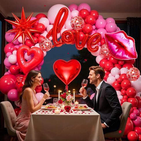 363PCS Valentines Day Balloon Arch Kit with 200 Rose Petals, Heart, Lips, Love and Star Foil Balloons, Pink and Red Balloon Arch Kit for Valentines Day Party Decorations in Saudi Arabia