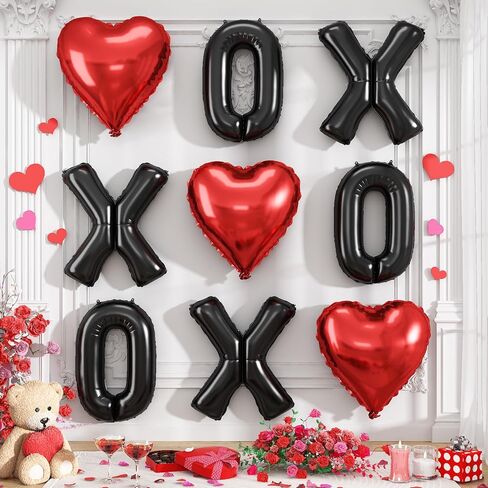 بالونات XOXO، بالونات فويل قلب أحمر مقاس 45.72 سم، حروف عيد الحب السوداء مقاس 40.64 سم، بالون مايلر فويل لعيد الحب، جالنتينا العازبة، حفل زفاف، حفل زفاف، مستلزمات تزيين الصور in Kuwait