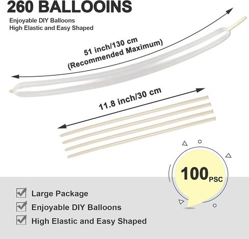 Clear 260 Balloons 100Pcs, Long Balloons for Tying Balloon Arches, Thick Latex Long Skinny Twisting Balloons for Animals, Wedding & Party Decorations in Saudi Arabia