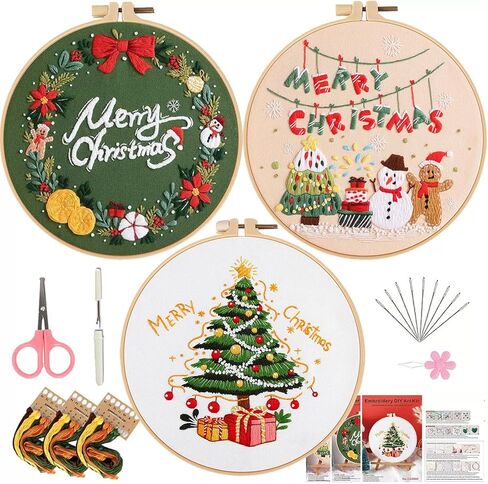 Whssusie Christmas Embroidery Kit, 3pcs Cross Stitch Kts for Beginners, Needle Point Kits Adults with 3 Embroidery Hoops, Color Threads, Tools and Instructions in Saudi Arabia