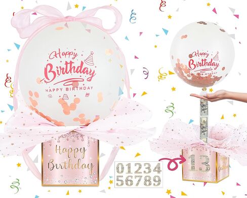 ارتفع الذهب سحب صندوق بالون المال للنقود عيد ميلاد حامل المال مجموعة مفاجأة مع القواطع DIY لأي عمر علب هدايا المال الذهب الوردي لسحب النقود ديكورات الحفلات للفتيات النساء هدايا عيد ميلاد in Saudi Arabia