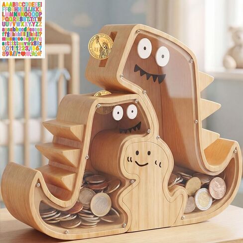 Upgraded Wooden Dinosaur Piggy Bank for Kids Set, Clear Piggy Bank for Girls ＆ Boys, Family of 3 Money Saving Box(Mom, Dad, Child Set) Personalized Gifts for Kids Cute Wood Dino Money Box in Saudi Arabia