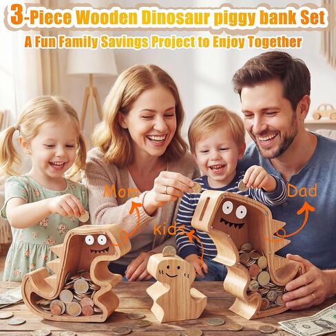 Upgraded Wooden Dinosaur Piggy Bank for Kids Set, Clear Piggy Bank for Girls ＆ Boys, Family of 3 Money Saving Box(Mom, Dad, Child Set) Personalized Gifts for Kids Cute Wood Dino Money Box in Saudi Arabia