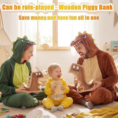 Upgraded Wooden Dinosaur Piggy Bank for Kids Set, Clear Piggy Bank for Girls ＆ Boys, Family of 3 Money Saving Box(Mom, Dad, Child Set) Personalized Gifts for Kids Cute Wood Dino Money Box in Saudi Arabia