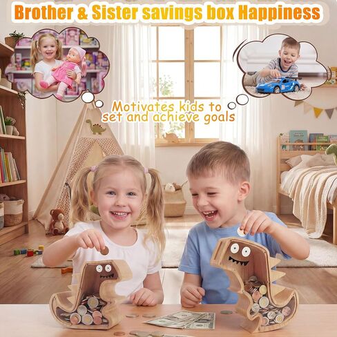 Upgraded Wooden Dinosaur Piggy Bank for Kids Set, Clear Piggy Bank for Girls ＆ Boys, Family of 3 Money Saving Box(Mom, Dad, Child Set) Personalized Gifts for Kids Cute Wood Dino Money Box in Saudi Arabia