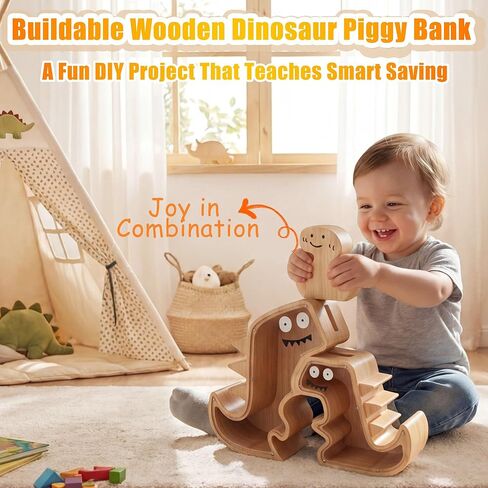 Upgraded Wooden Dinosaur Piggy Bank for Kids Set, Clear Piggy Bank for Girls ＆ Boys, Family of 3 Money Saving Box(Mom, Dad, Child Set) Personalized Gifts for Kids Cute Wood Dino Money Box in Saudi Arabia