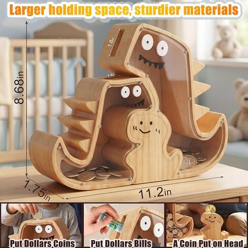 Upgraded Wooden Dinosaur Piggy Bank for Kids Set, Clear Piggy Bank for Girls ＆ Boys, Family of 3 Money Saving Box(Mom, Dad, Child Set) Personalized Gifts for Kids Cute Wood Dino Money Box in Saudi Arabia