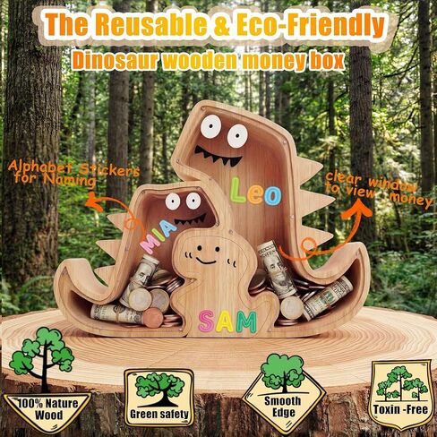 Upgraded Wooden Dinosaur Piggy Bank for Kids Set, Clear Piggy Bank for Girls ＆ Boys, Family of 3 Money Saving Box(Mom, Dad, Child Set) Personalized Gifts for Kids Cute Wood Dino Money Box in Saudi Arabia