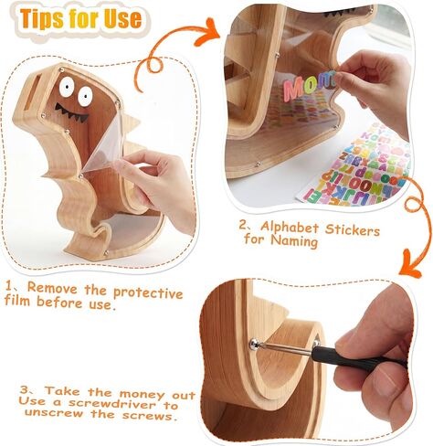 Upgraded Wooden Dinosaur Piggy Bank for Kids Set, Clear Piggy Bank for Girls ＆ Boys, Family of 3 Money Saving Box(Mom, Dad, Child Set) Personalized Gifts for Kids Cute Wood Dino Money Box in Saudi Arabia