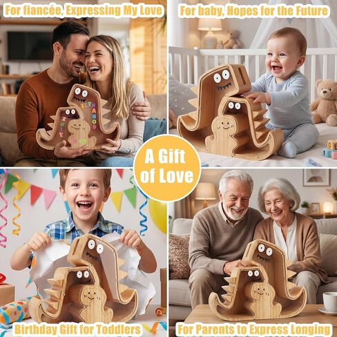 Upgraded Wooden Dinosaur Piggy Bank for Kids Set, Clear Piggy Bank for Girls ＆ Boys, Family of 3 Money Saving Box(Mom, Dad, Child Set) Personalized Gifts for Kids Cute Wood Dino Money Box in Saudi Arabia
