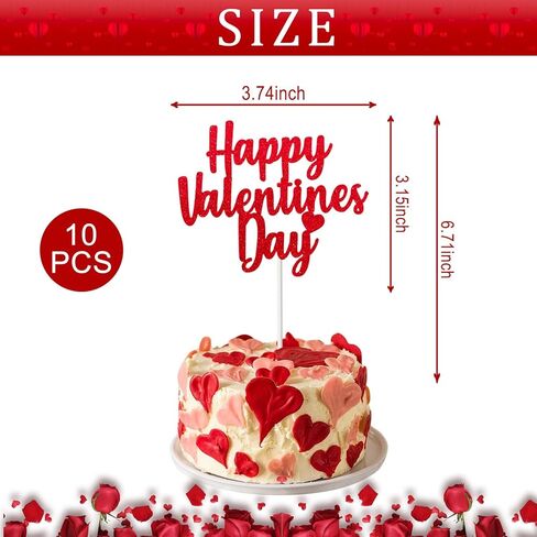 10PCS Happy Valentines Day Cake Toppers Glitter Valentines Heart Cupcake Toppers for Valentine’s Day Birthday Wedding Anniversary Engagement Party Cake Decoration Supplies Red in Saudi Arabia