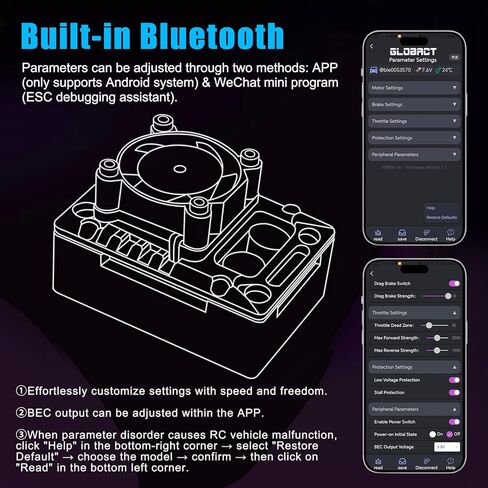 GLOBACT 80A Brushless ESC 2-3S Built-in Bluetooth Electronic Speed Controller for TRX4 SCX10 1/10 RC Crawler Upgrades in Saudi Arabia