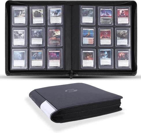 Snekdy Top loader Binder, 9 Pockets Top Loader，Holds 360 Top Loaders cards, Card binder with Sleeves for card in 3 x 4 inches color smooth Zipper PU Leather (Black) in Saudi Arabia