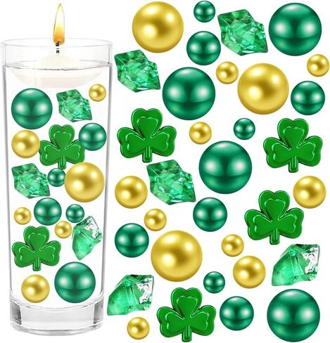 140Pcs St. Patrick's Day Vase Filler Decorations, Acrylic Shamrocks Fake Diamonds Yellow Green Beads Vase Filler Ornaments for Table Centerpieces Home Party Decor in Saudi Arabia