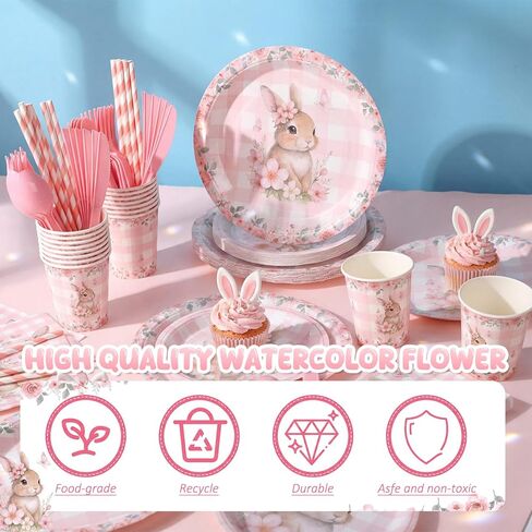 Maxdot Pink 144 قطعة من لوازم حفلات الأرنب لـ 24 ضيفًا، أطباق ورقية لعيد الفصح مقاس 7 بوصات و9 بوصات ومناديل وأكواب وقش وأدوات مائدة وردية لحفلات عيد الفصح وحفلات استقبال المولود في الربيع in Kuwait