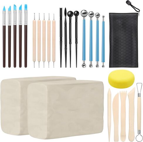 طقم الطين الجاف بالهواء الفاخر من زيهيك، 2.2 رطل من طين الفخار الأبيض الطبيعي مع 25 قطعة من أدوات نحت الطين، طين تشكيل لعجلة الفخار والمشروعات اليدوية، مثالي لجميع مستويات المهارة (الأبيض والأدوات) in Kuwait