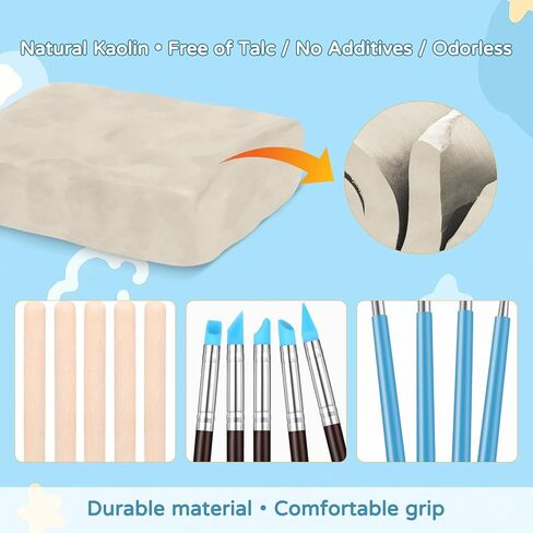 طقم الطين الجاف بالهواء الفاخر من زيهيك، 2.2 رطل من طين الفخار الأبيض الطبيعي مع 25 قطعة من أدوات نحت الطين، طين تشكيل لعجلة الفخار والمشروعات اليدوية، مثالي لجميع مستويات المهارة (الأبيض والأدوات) in Kuwait