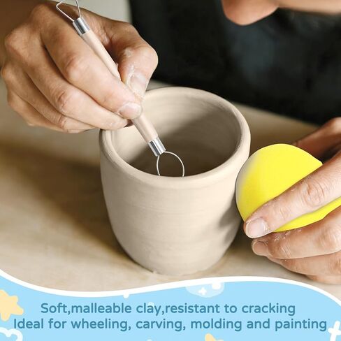 طقم الطين الجاف بالهواء الفاخر من زيهيك، 2.2 رطل من طين الفخار الأبيض الطبيعي مع 25 قطعة من أدوات نحت الطين، طين تشكيل لعجلة الفخار والمشروعات اليدوية، مثالي لجميع مستويات المهارة (الأبيض والأدوات) in Kuwait