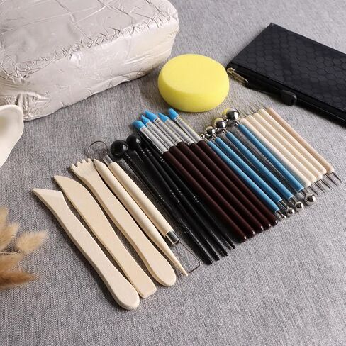 طقم الطين الجاف بالهواء الفاخر من زيهيك، 2.2 رطل من طين الفخار الأبيض الطبيعي مع 25 قطعة من أدوات نحت الطين، طين تشكيل لعجلة الفخار والمشروعات اليدوية، مثالي لجميع مستويات المهارة (الأبيض والأدوات) in Kuwait