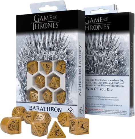 Game of Thrones: Baratheon Dice Set by Q Workshop | 7 Polyhedral Dice & 1 Extra D4 | Shimmering Yellow with Black Engravings | Officially Licensed Tabletop RPG Set in Saudi Arabia