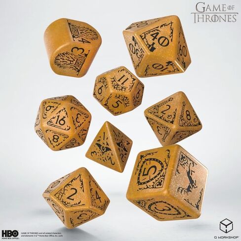 Game of Thrones: Baratheon Dice Set by Q Workshop | 7 Polyhedral Dice & 1 Extra D4 | Shimmering Yellow with Black Engravings | Officially Licensed Tabletop RPG Set in Saudi Arabia