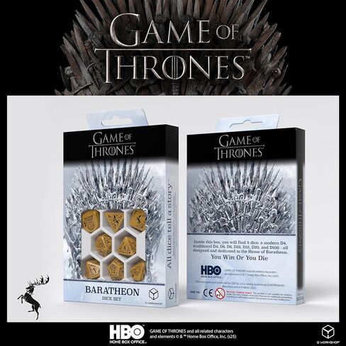 Game of Thrones: Baratheon Dice Set by Q Workshop | 7 Polyhedral Dice & 1 Extra D4 | Shimmering Yellow with Black Engravings | Officially Licensed Tabletop RPG Set in Saudi Arabia