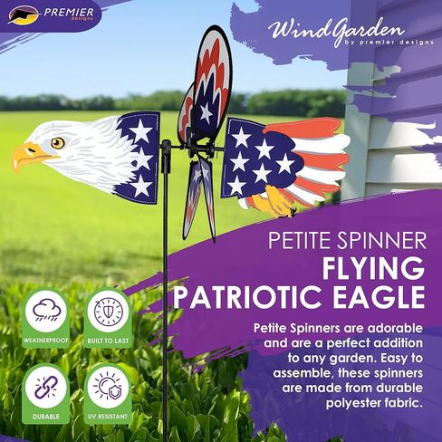 Premier Kites Petite Spinner Flying Patriotic Eagle – Whimsical Wind Spinner for Yard & Garden, Durable Weather-Resistant Fabric, Easy to Assemble, Outdoor Decor for Patios, Lawns, & Fairy Lovers in Saudi Arabia