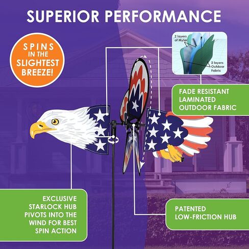 Premier Kites Petite Spinner Flying Patriotic Eagle – Whimsical Wind Spinner for Yard & Garden, Durable Weather-Resistant Fabric, Easy to Assemble, Outdoor Decor for Patios, Lawns, & Fairy Lovers in Saudi Arabia