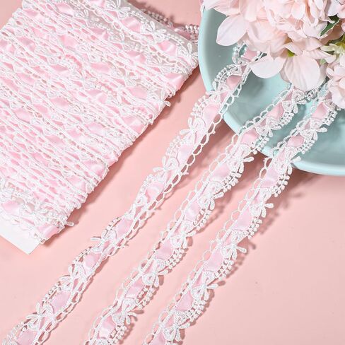 Lace Ribbon, 5 Yards Bow Lace Trim Ruffle Trim with Bow Sewing Accessories for Wedding Decor, DIY Crafts, Gift Wrapping, Clothing Embellishment, Hair Accessories in Saudi Arabia