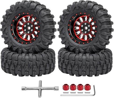 4PCS 1.3" Beadlock Wheel Tires Set 1.3inch Aluminum Wheels and Tires for 1/18 TRX4M 1/24 SCX24 FCX24 RC Crawler Car (Tires B + red Wheel hub) in Saudi Arabia