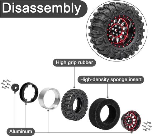 4PCS 1.3" Beadlock Wheel Tires Set 1.3inch Aluminum Wheels and Tires for 1/18 TRX4M 1/24 SCX24 FCX24 RC Crawler Car (Tires B + red Wheel hub) in Saudi Arabia