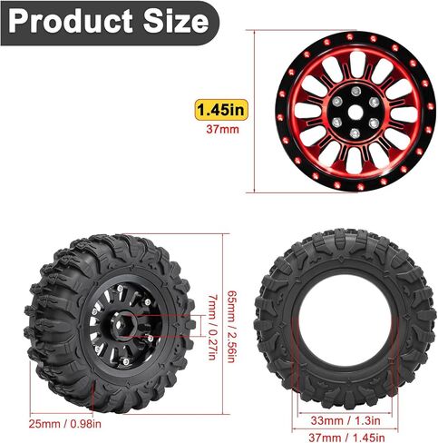 4PCS 1.3" Beadlock Wheel Tires Set 1.3inch Aluminum Wheels and Tires for 1/18 TRX4M 1/24 SCX24 FCX24 RC Crawler Car (Tires B + red Wheel hub) in Saudi Arabia