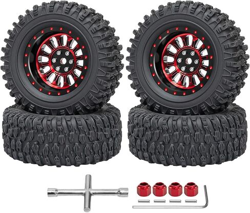 4PCS 1.3" Beadlock Wheel Tires Set 1.3inch Aluminum Wheels and Tires for 1/18 TRX4M 1/24 SCX24 FCX24 RC Crawler Car (Tires B + red Wheel hub) in Saudi Arabia