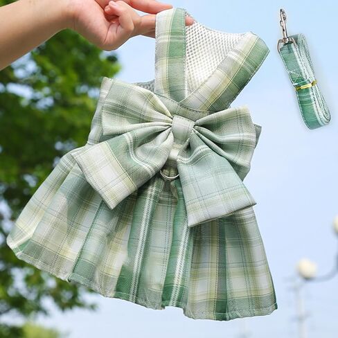 Plaid Bowknot Pet Harness Dress & Leash Set, Adjustable Mesh Vest for Small Dogs/Cats, Soft Comfortable Stylish Outfit in Saudi Arabia
