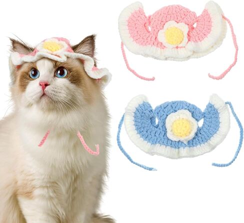 2 PCS Flower Cute Hat for Cat, Soft Knitted Cat Pet Bunny Costume Halloween Easter Christmas, Adorable Accessory Hat for Pet Rabbits Kitten Small Dog Guinea Pig Daily Dress Up (Blue, Pink) in Saudi Arabia
