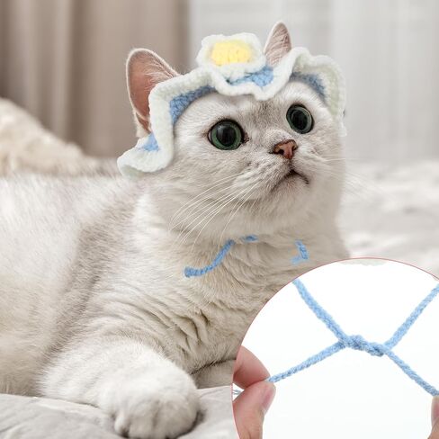 2 PCS Flower Cute Hat for Cat, Soft Knitted Cat Pet Bunny Costume Halloween Easter Christmas, Adorable Accessory Hat for Pet Rabbits Kitten Small Dog Guinea Pig Daily Dress Up (Blue, Pink) in Saudi Arabia