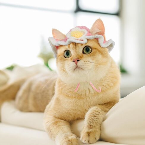 2 PCS Flower Cute Hat for Cat, Soft Knitted Cat Pet Bunny Costume Halloween Easter Christmas, Adorable Accessory Hat for Pet Rabbits Kitten Small Dog Guinea Pig Daily Dress Up (Blue, Pink) in Saudi Arabia