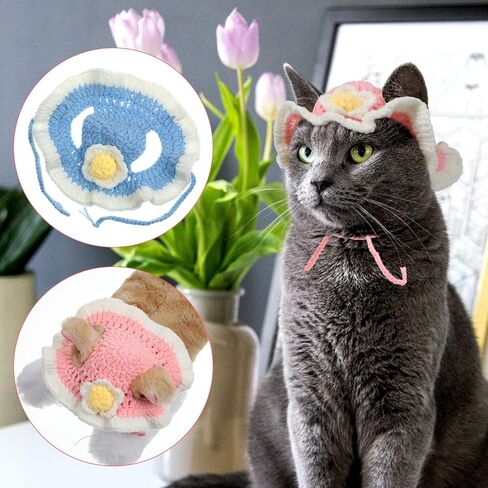 2 PCS Flower Cute Hat for Cat, Soft Knitted Cat Pet Bunny Costume Halloween Easter Christmas, Adorable Accessory Hat for Pet Rabbits Kitten Small Dog Guinea Pig Daily Dress Up (Blue, Pink) in Saudi Arabia