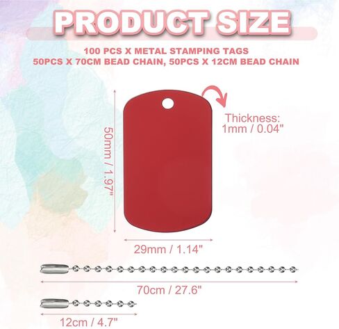 PATIKIL 200 Pcs Blank Dog Tags Set, Including 100 Pcs Aluminum Metal Stamping Rectangle Label 100 Pcs Ball Steel Chain for DIY Decor Laser Engraving Necklace, Red in Saudi Arabia