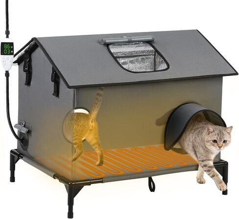 Extra Large Heated Cat House for Outside, Weatherproof Insulated Indoor Multi-Cat House with Adjustable Heating Pad, Escape Door & Elevated Base, Warm Shelter for Feral Stray Barn Cats in Kuwait
