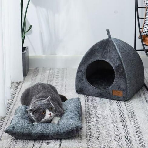 Cozy Plush Cat Cave Bed, Gray, Indoor Self-Warming Enclosed Pet House with Non-Slip Bottom in Saudi Arabia