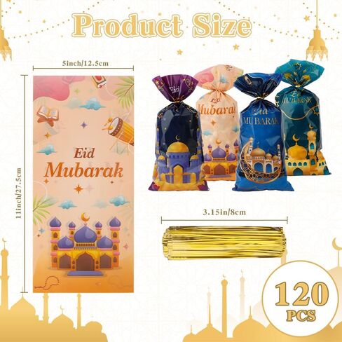 Ramadan Treat bags, 120 PCS Eid Mubarak Cellophane Treat Bags, Ramadan Eid Mubarak Gift Bags, Eid Mubarak Ramadan Candy Cookie Goodie Snack Bags with Twist Ties Gifts for Eid Mubarak Party Decorations in Saudi Arabia