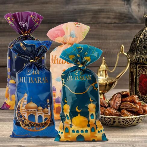 Ramadan Treat bags, 120 PCS Eid Mubarak Cellophane Treat Bags, Ramadan Eid Mubarak Gift Bags, Eid Mubarak Ramadan Candy Cookie Goodie Snack Bags with Twist Ties Gifts for Eid Mubarak Party Decorations in Saudi Arabia
