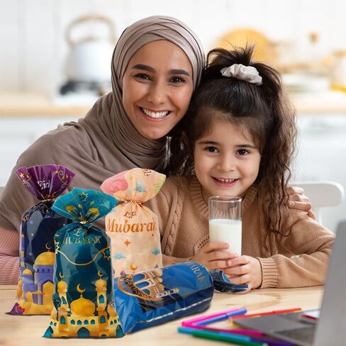 Ramadan Treat bags, 120 PCS Eid Mubarak Cellophane Treat Bags, Ramadan Eid Mubarak Gift Bags, Eid Mubarak Ramadan Candy Cookie Goodie Snack Bags with Twist Ties Gifts for Eid Mubarak Party Decorations in Saudi Arabia