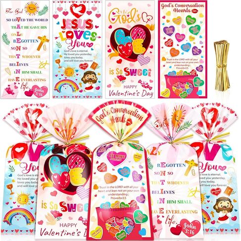 HOWAF Christian Valentine's Day Candy Bags Bulk, Bible Verse Valentines Cellophane Bags for Christian Candy Church Sunday School Supplies, Inspirational Jesus Loves You Gift Bags with Twist Ties for Religious Valentin's Day Favors in Saudi Arabia