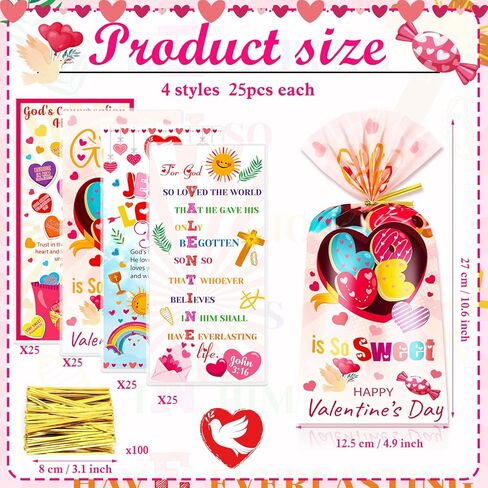 HOWAF Christian Valentine's Day Candy Bags Bulk, Bible Verse Valentines Cellophane Bags for Christian Candy Church Sunday School Supplies, Inspirational Jesus Loves You Gift Bags with Twist Ties for Religious Valentin's Day Favors in Saudi Arabia