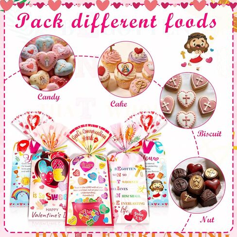 HOWAF Christian Valentine's Day Candy Bags Bulk, Bible Verse Valentines Cellophane Bags for Christian Candy Church Sunday School Supplies, Inspirational Jesus Loves You Gift Bags with Twist Ties for Religious Valentin's Day Favors in Saudi Arabia