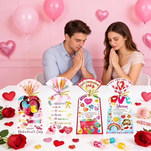 HOWAF Christian Valentine's Day Candy Bags Bulk, Bible Verse Valentines Cellophane Bags for Christian Candy Church Sunday School Supplies, Inspirational Jesus Loves You Gift Bags with Twist Ties for Religious Valentin's Day Favors in Saudi Arabia
